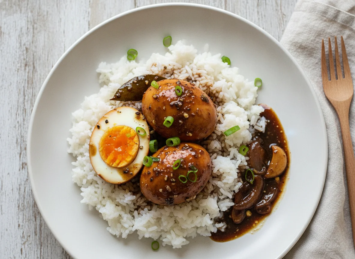 Adobo Eggs with White Rice photo