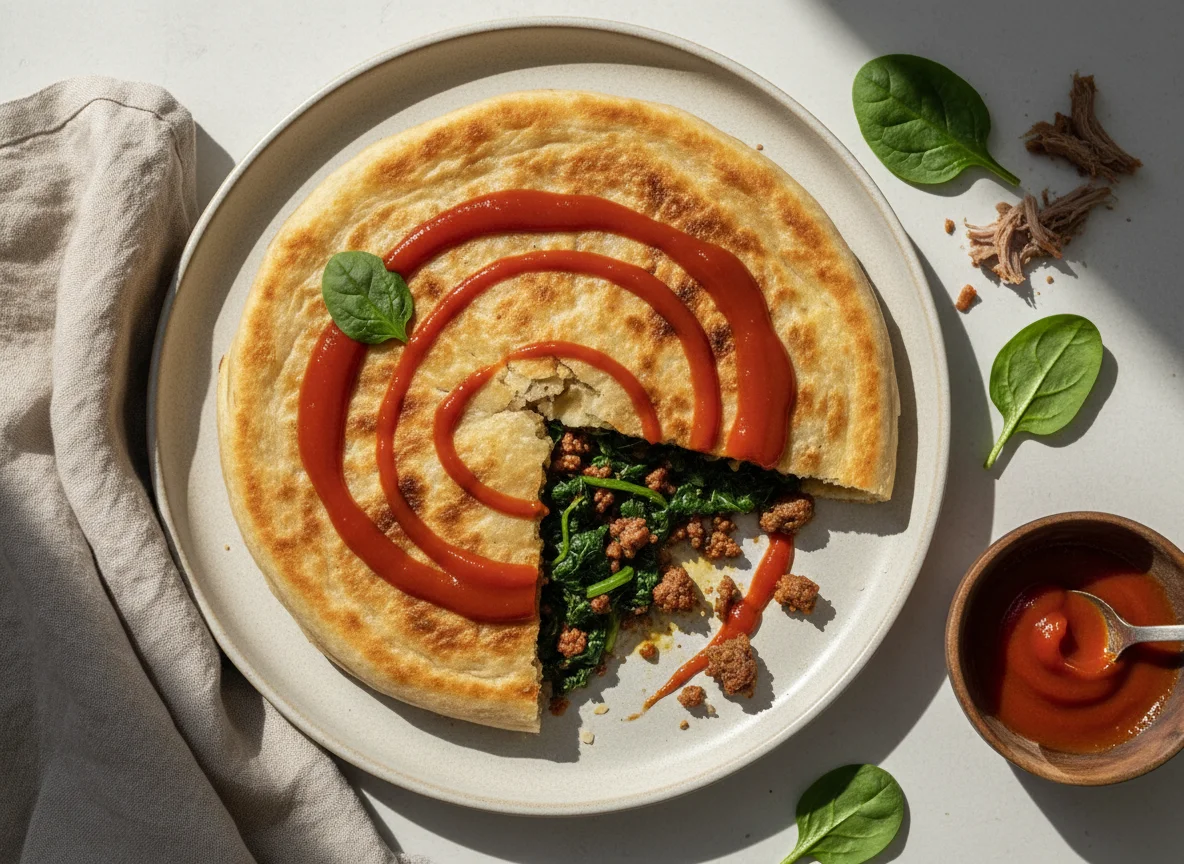 Afghan Flatbread with Spinach, Meat, and Sauce photo
