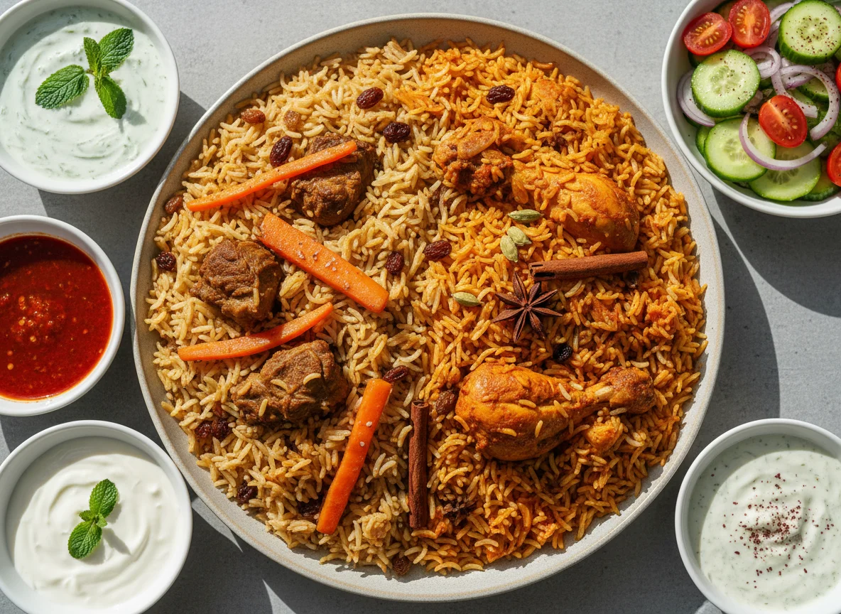 Afghan Pilaf and Biryani style rice with sides photo