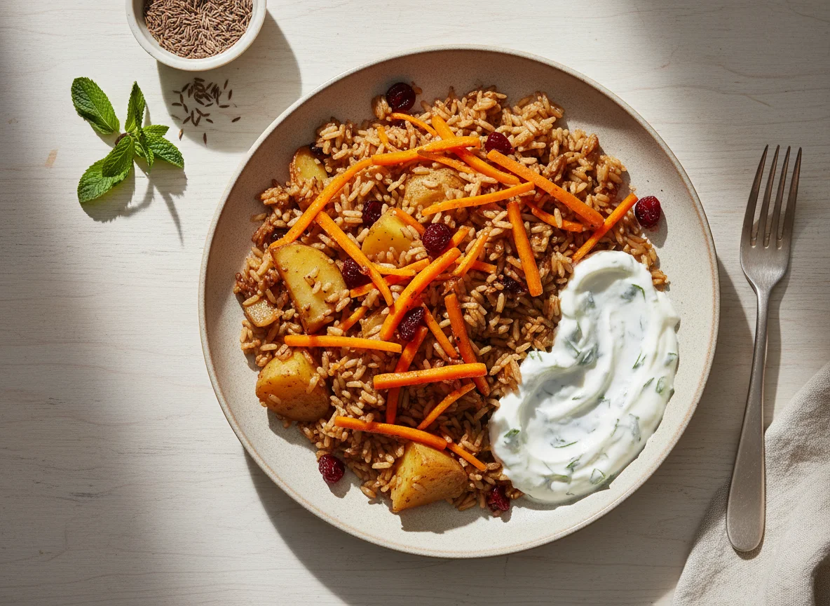 Afghan Pilaf with Shredded Carrots and Yogurt Sauce photo