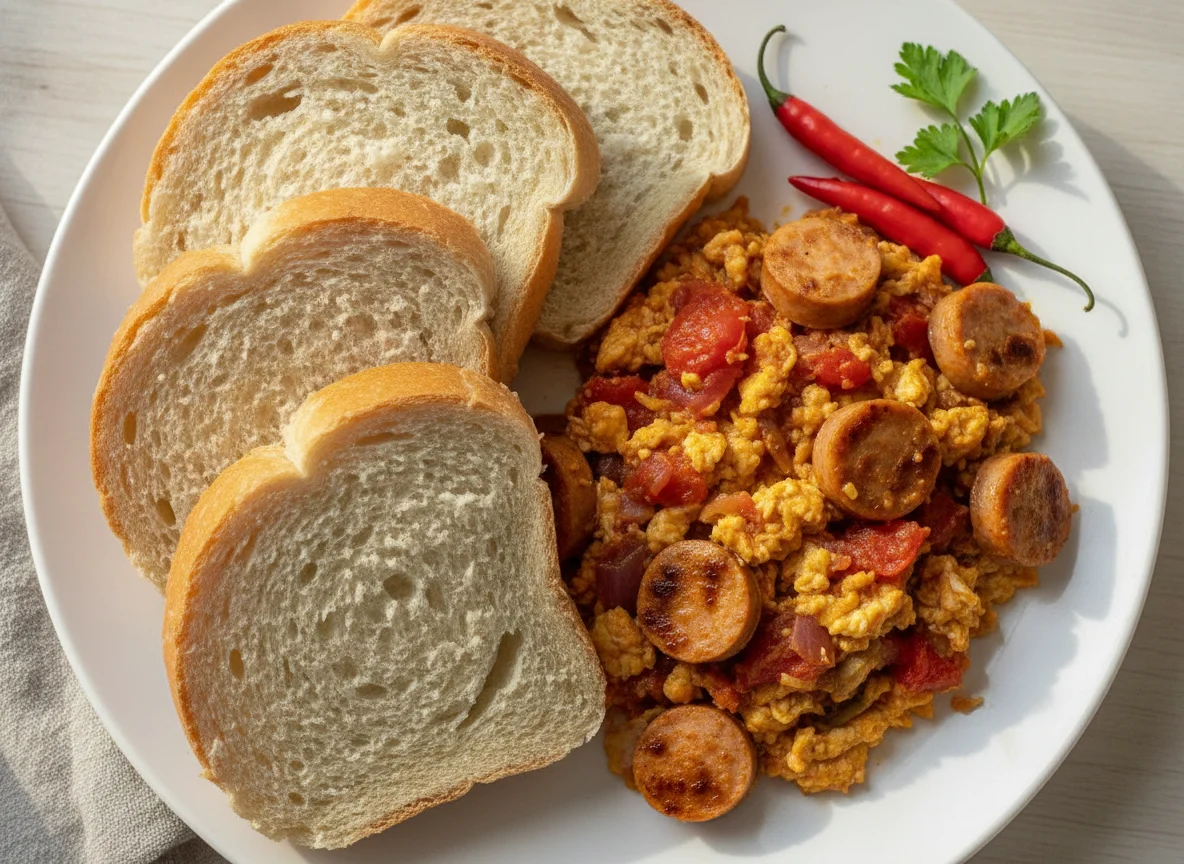 Agege bread with Nigerian egg sauce and chicken sausage photo