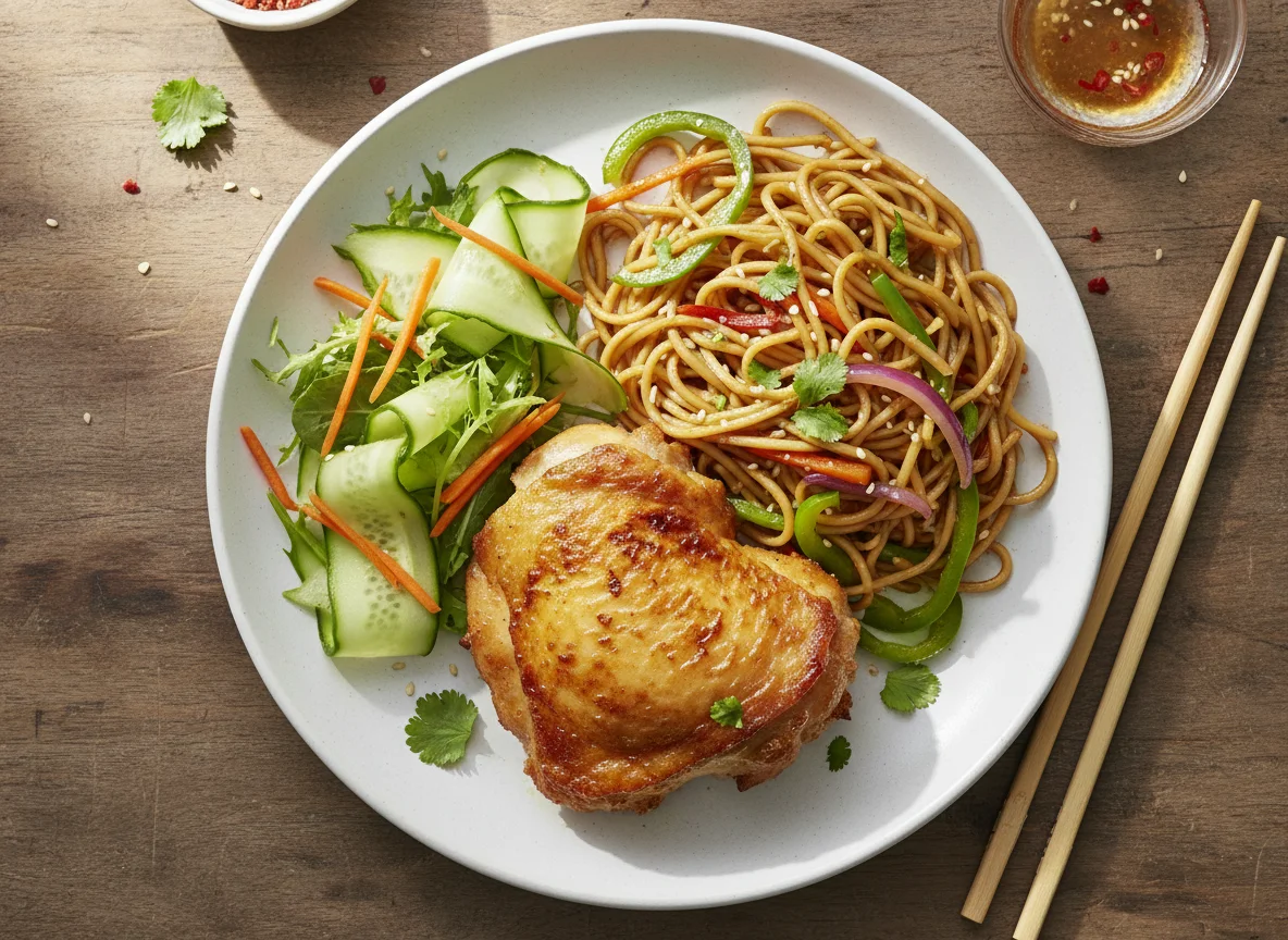 Air Fried Chicken with Noodles and Salad photo
