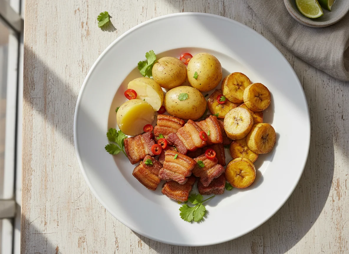 Air Fried Pork Belly, Boiled Potatoes and Air Fried Plantain photo
