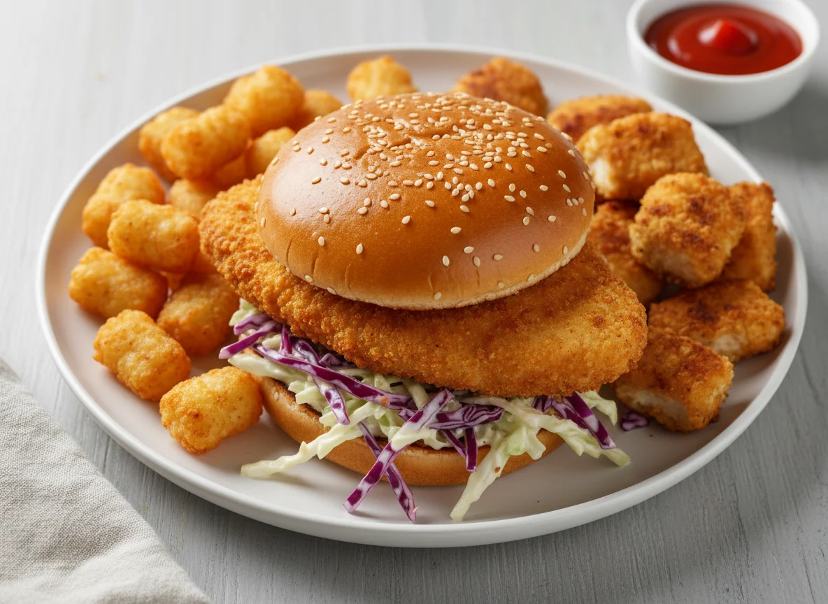 Air-fried Chicken Burger with Potato Tots and Chicken Chunks photo