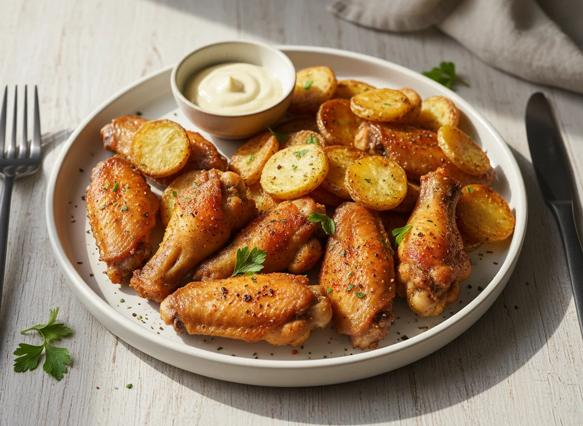 Air-fried Chicken Wings and Potato Slices photo