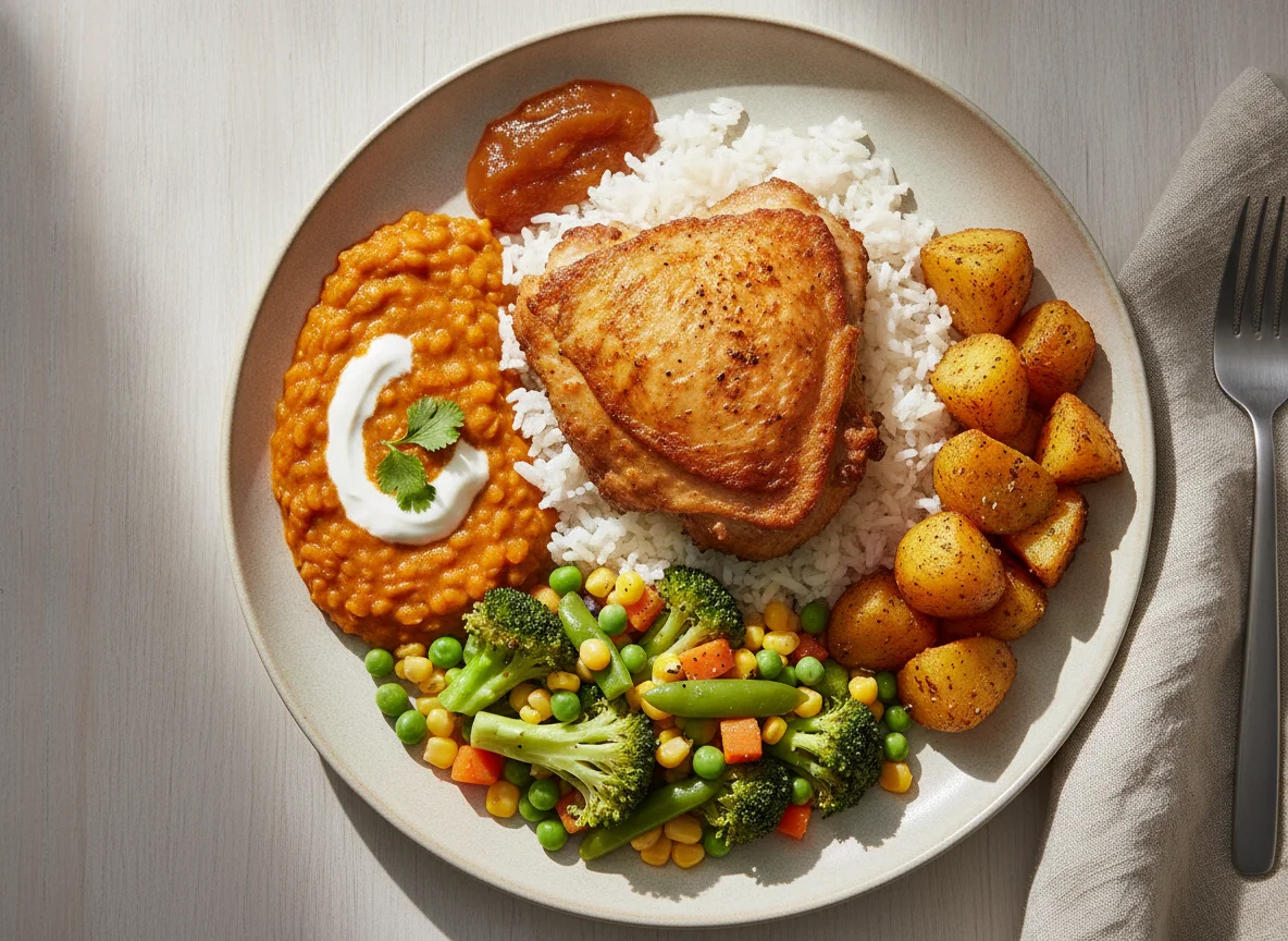 Air-fried chicken with rice, dhal, and mixed vegetables photo