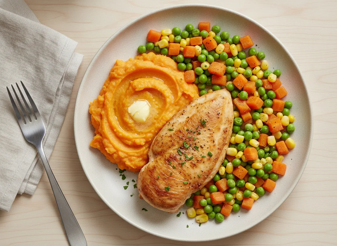 Airfried chicken with sweet potato and mixed vegetables photo