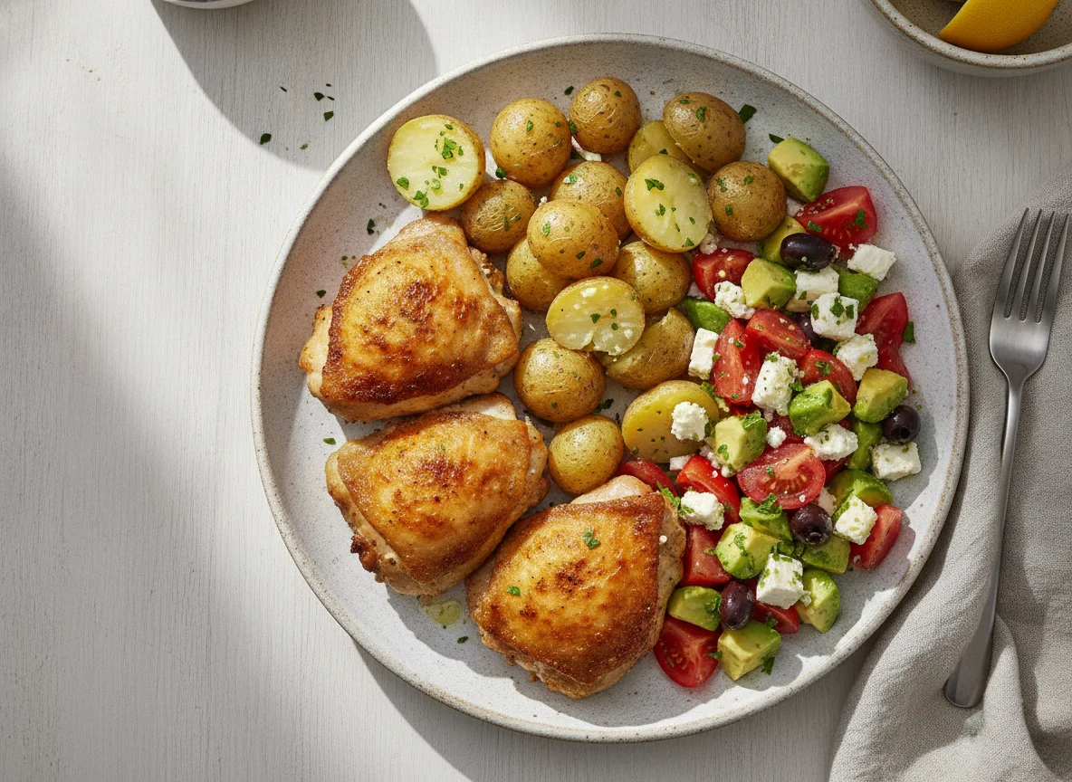 Airfry chicken thighs with boiled potatoes and tomato avocado salad photo