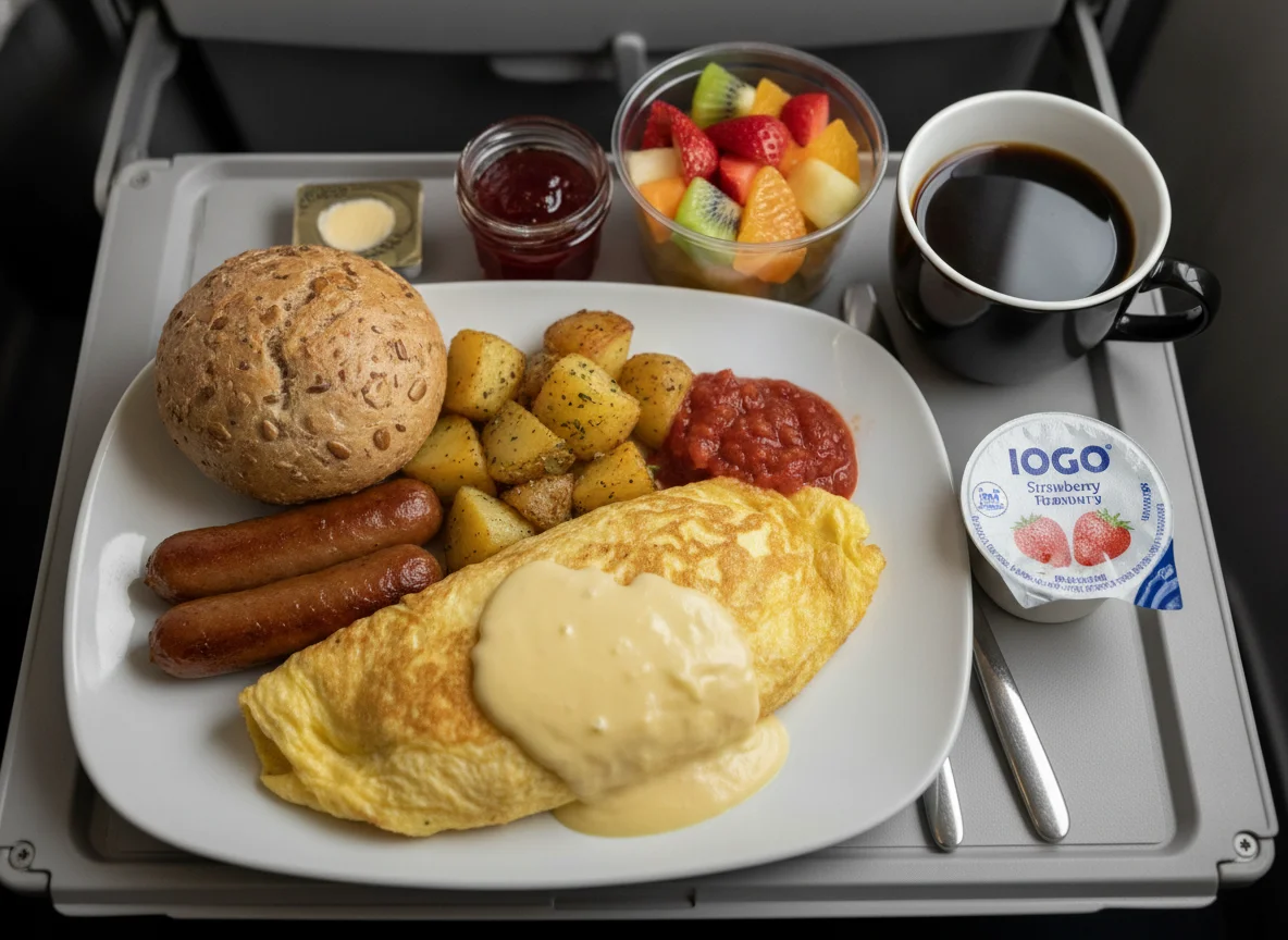 Airline Breakfast with Omelette, Sausage, and Fruit photo