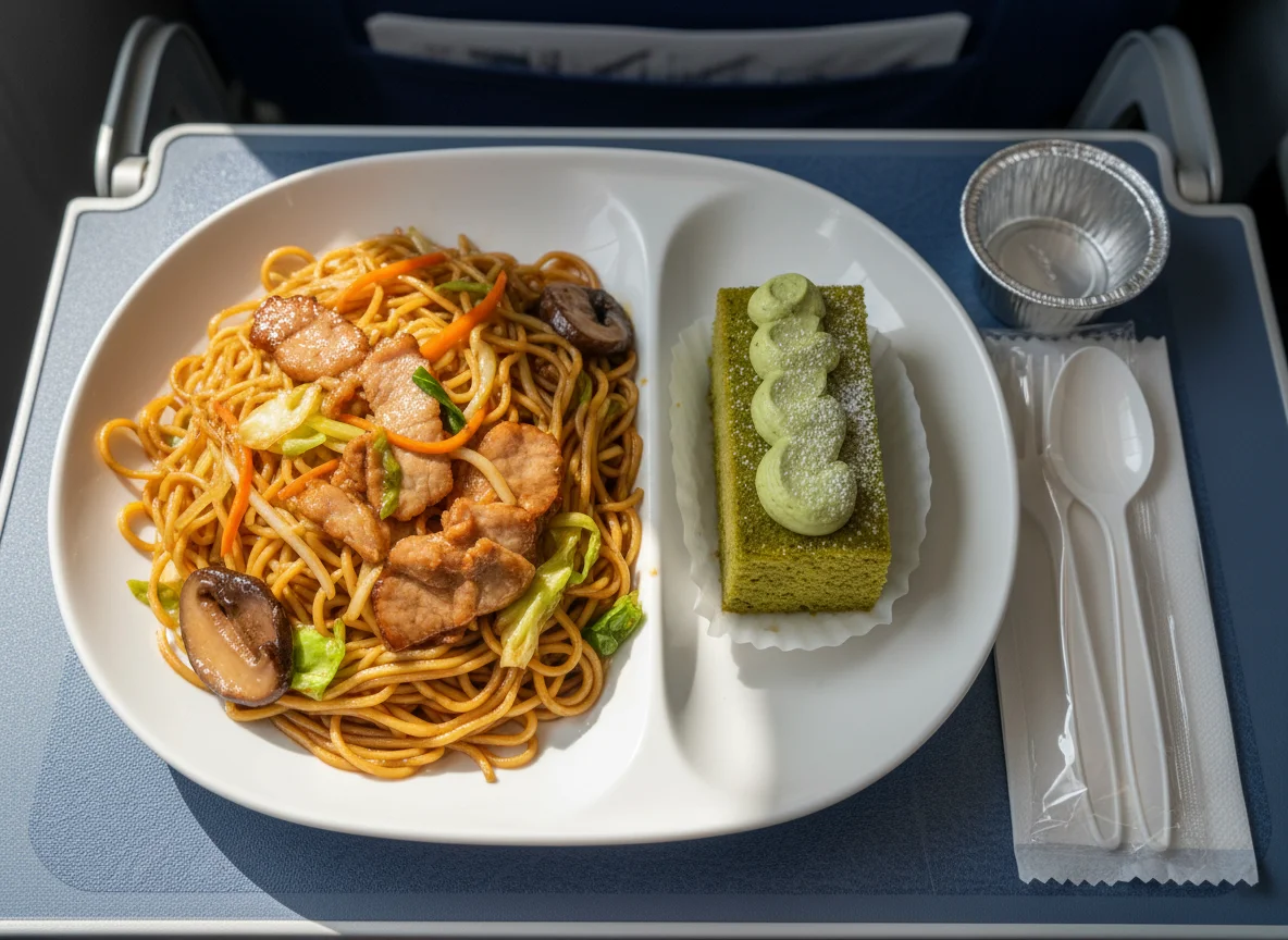 Airline Meal: Noodles with Pork and Vegetables, and a Green Cake photo