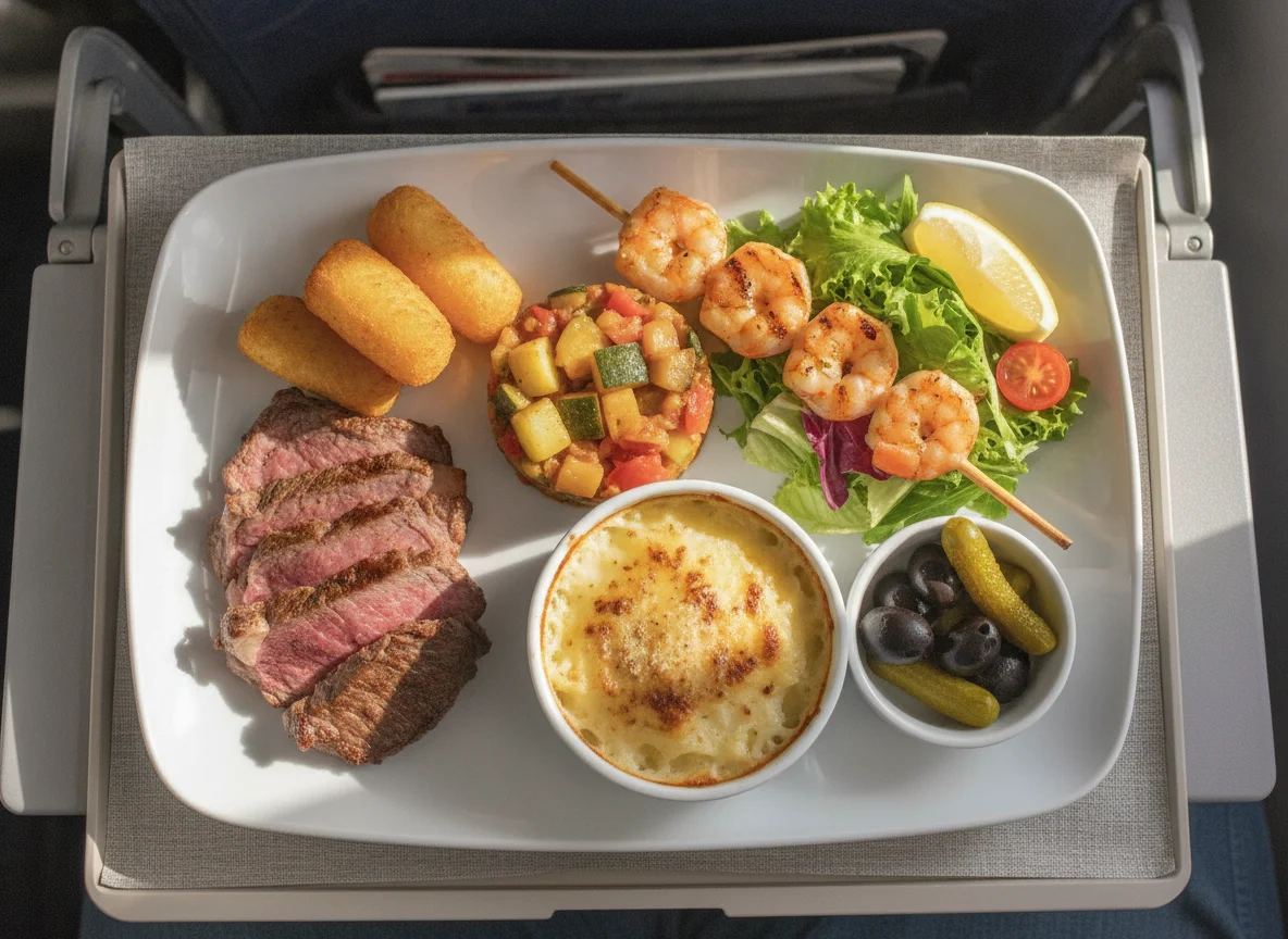 Airline meal with beef, shrimp, and gratin photo