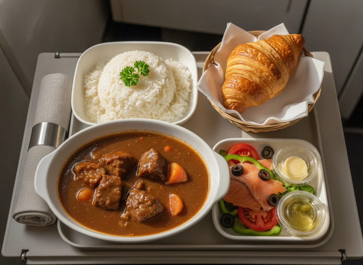 Airline meal with beef stew, rice, salad, and croissant photo
