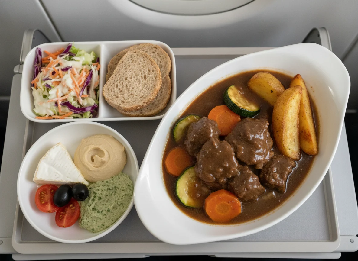 Airline meal with beef stew, salad, and appetizers photo