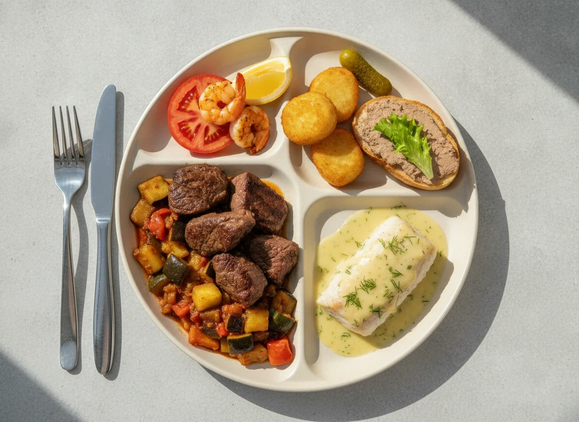 Airline meal with beef, vegetables, and appetizers photo