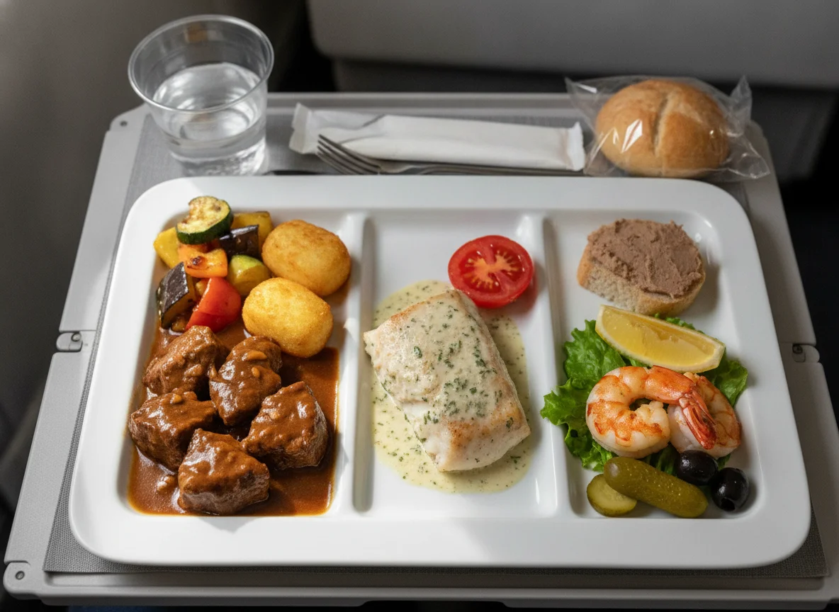 Airline meal with beef, vegetables, fish and shrimp appetizer photo