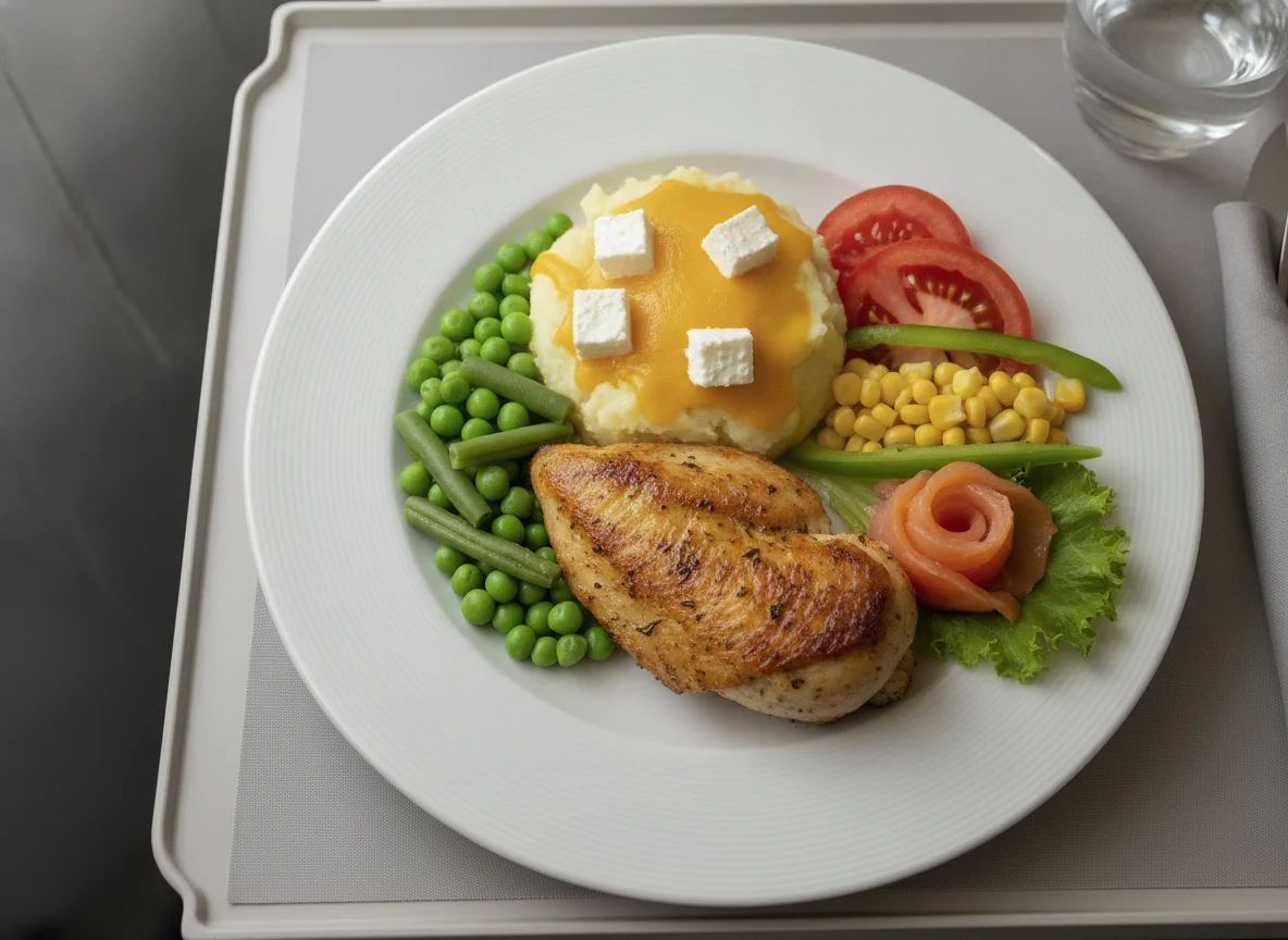 Airline meal with chicken, vegetables, and cheese photo