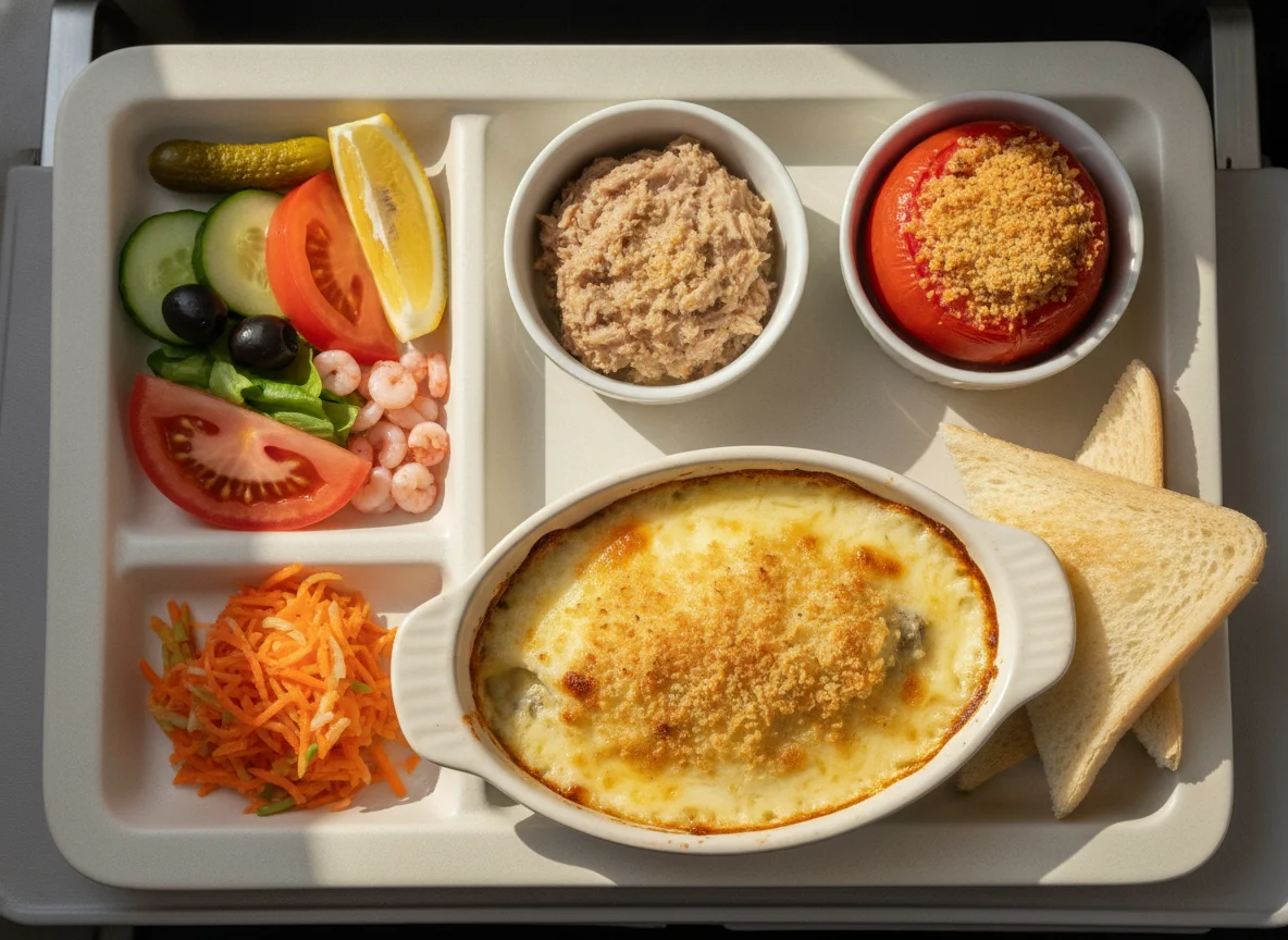 Airline meal with fish gratin, tuna salad, and appetizers photo