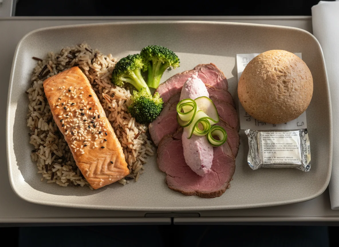 Airline meal with salmon, rice, roast beef, and bread photo