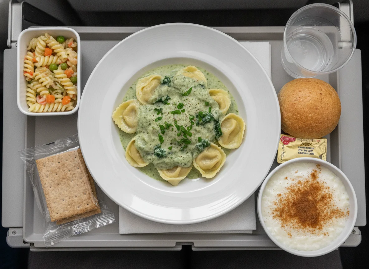 Airline Pasta Meal with Salad and Sides photo