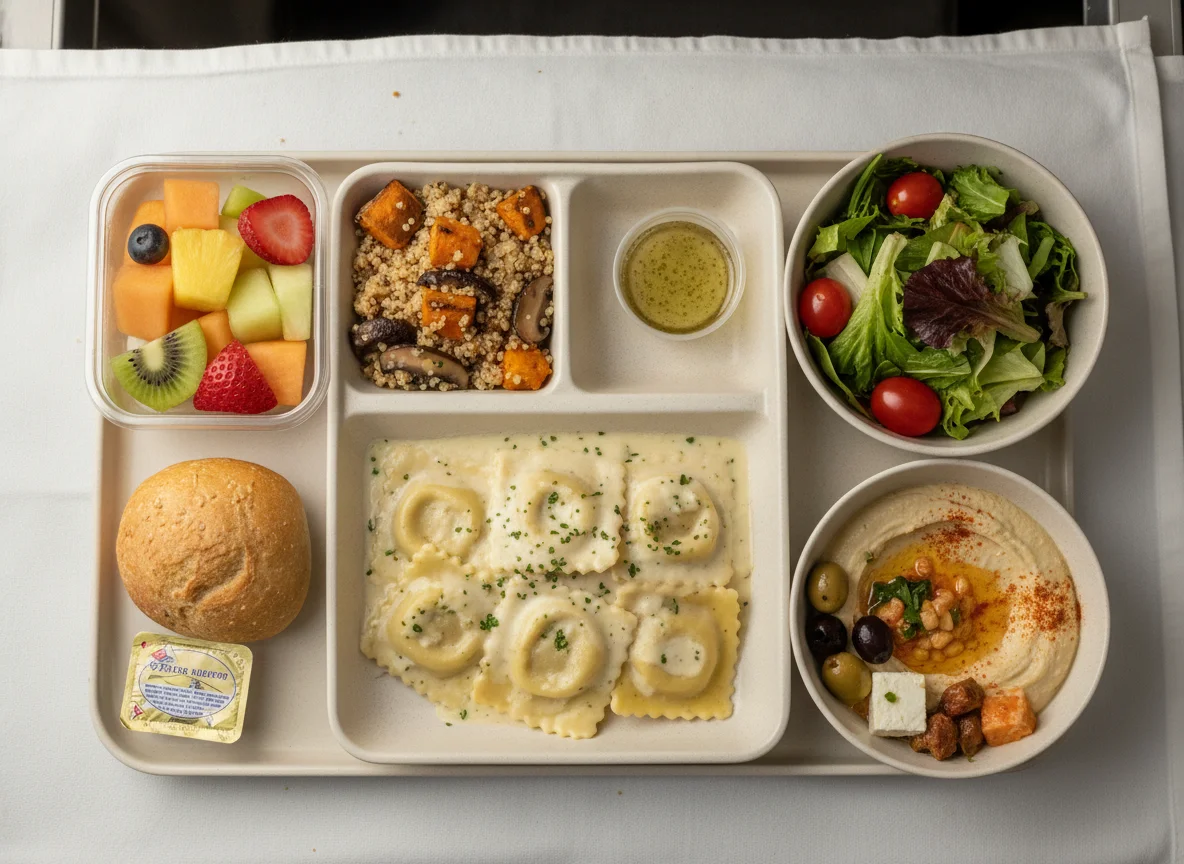 Airline Vegetarian Meal with Pasta, Salad, Fruit, and Appetizers photo
