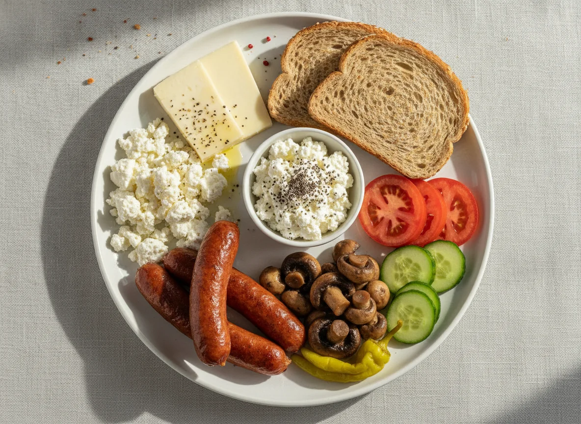 Albanian Breakfast Plate with Sausages and Cheese photo