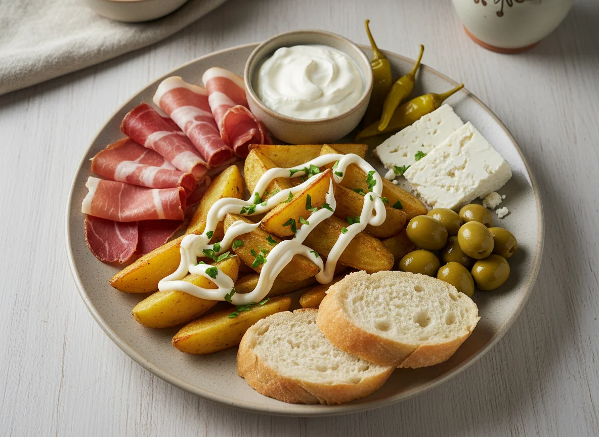 Albanian style meal with potatoes, cured meat, cheese and olives photo