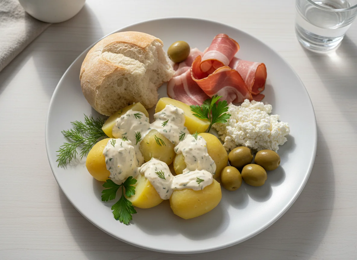 Albanian style meal with potatoes, ham, and bread photo