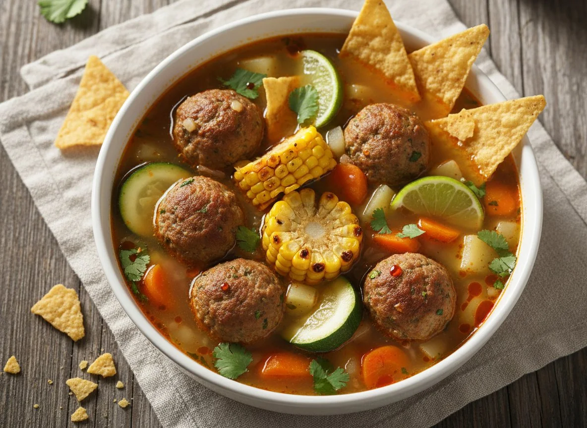 Albondigas Soup with Corn and Tortilla Chips photo