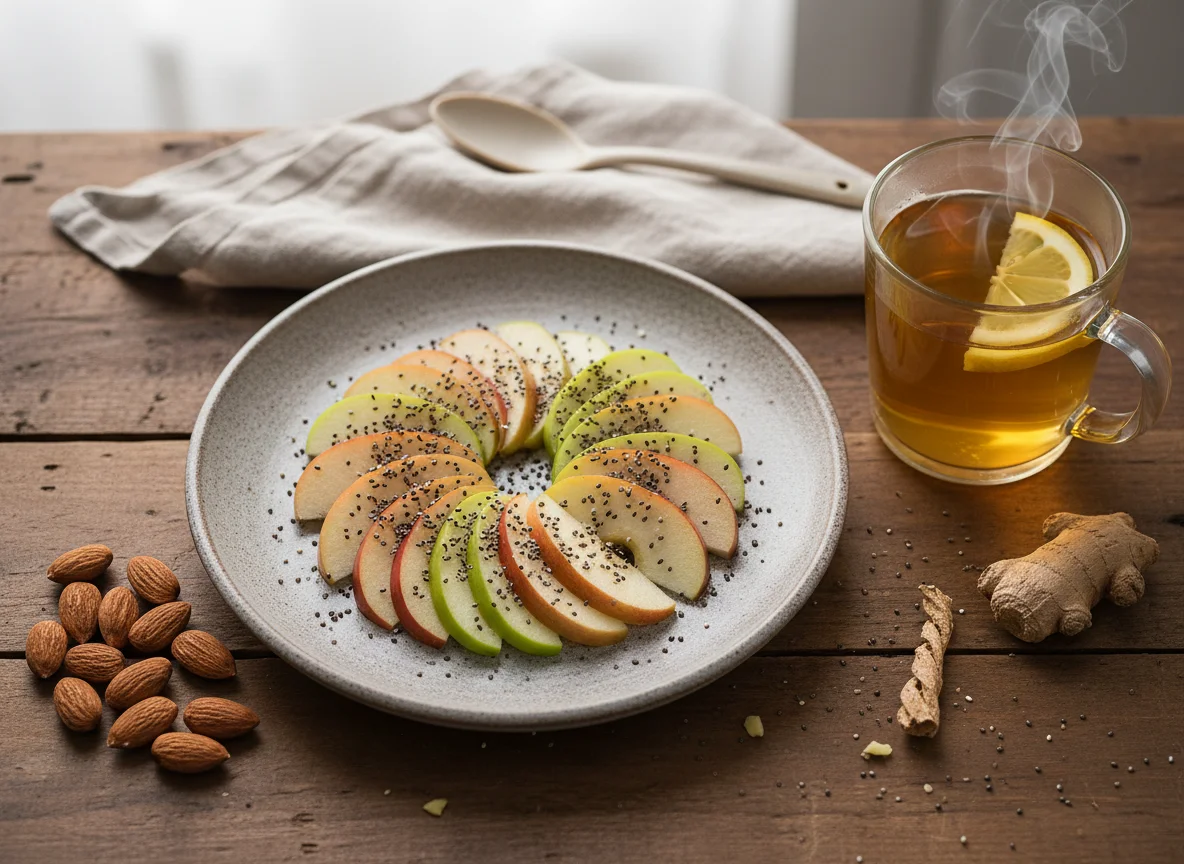 Almonds, Apple Slices with Chia Seeds, and Herbal Tea photo