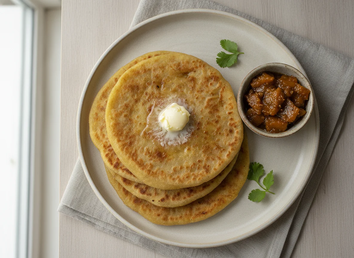 Aloo Paratha with Butter and Pickle photo