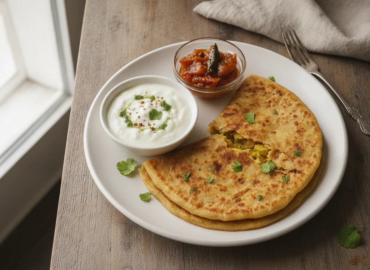 Aloo Paratha with Curd and Pickle photo