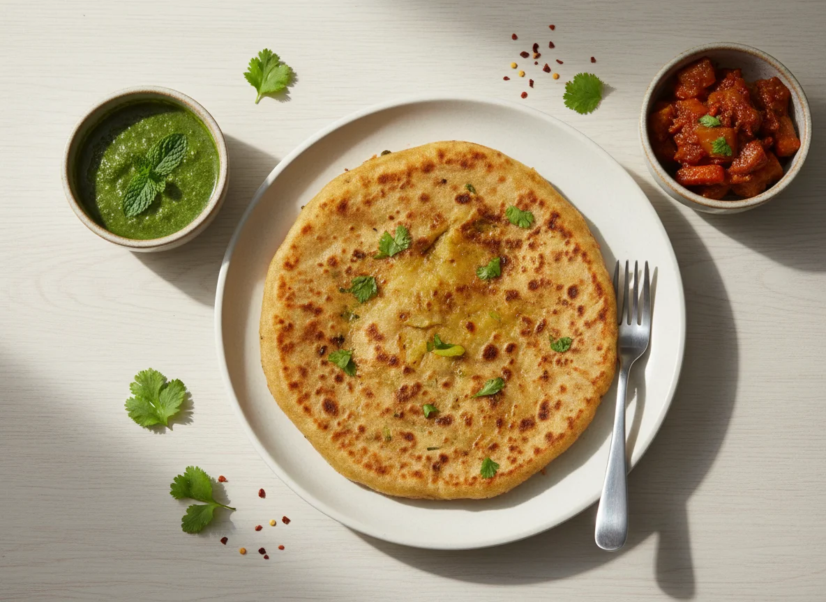 Aloo Paratha with Pickle and Chutney photo