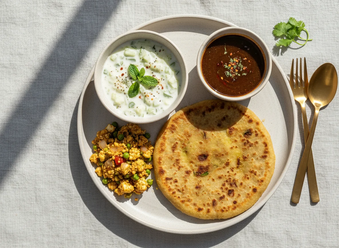 Aloo Paratha with Raita and Chutney photo