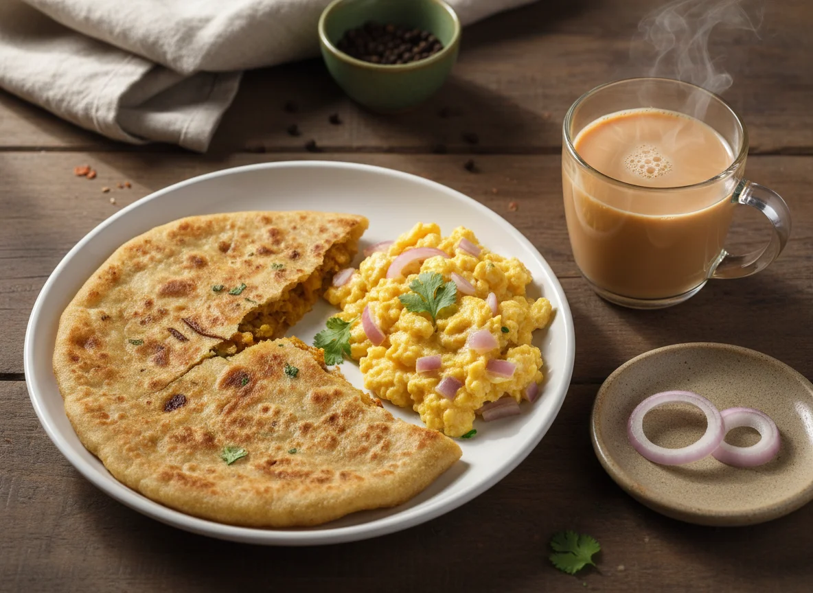 Aloo Paratha with Scrambled Egg and Chai photo