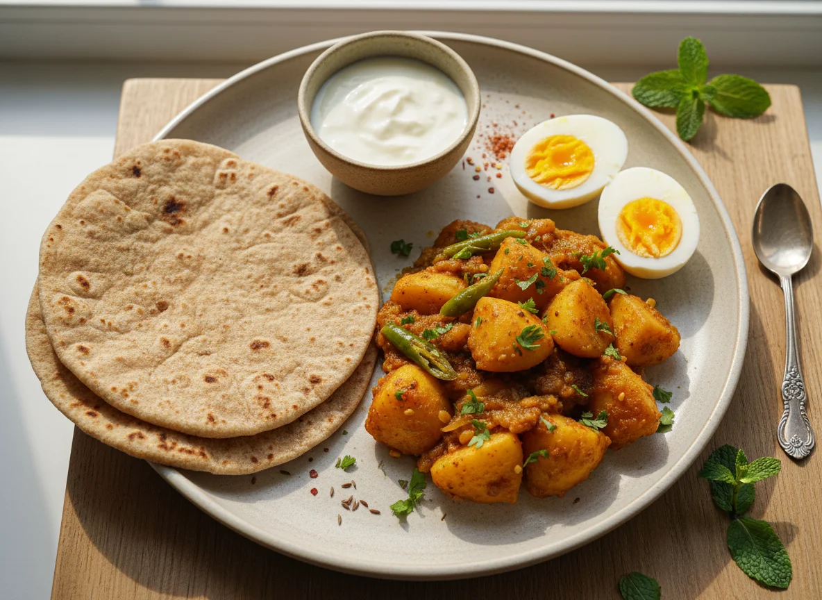 Aloo Salan with Roti and Boiled Egg photo
