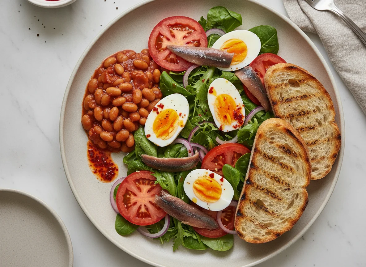 Anchovy and Egg Salad with Baked Beans and Grilled Sourdough photo
