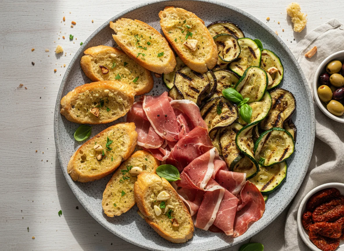 Antipasto platter with grilled vegetables, cured ham, and garlic bread photo