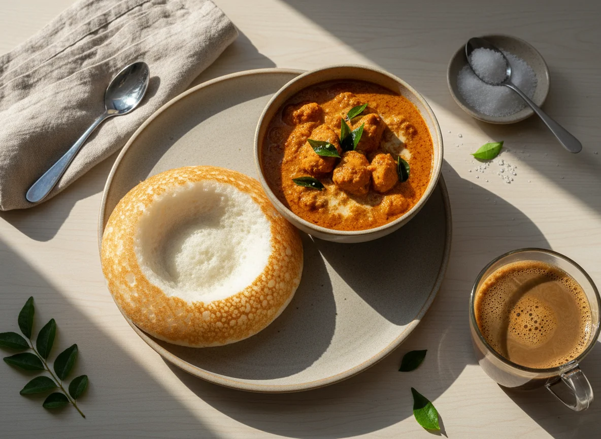 Appam with Chicken Curry and Coffee photo