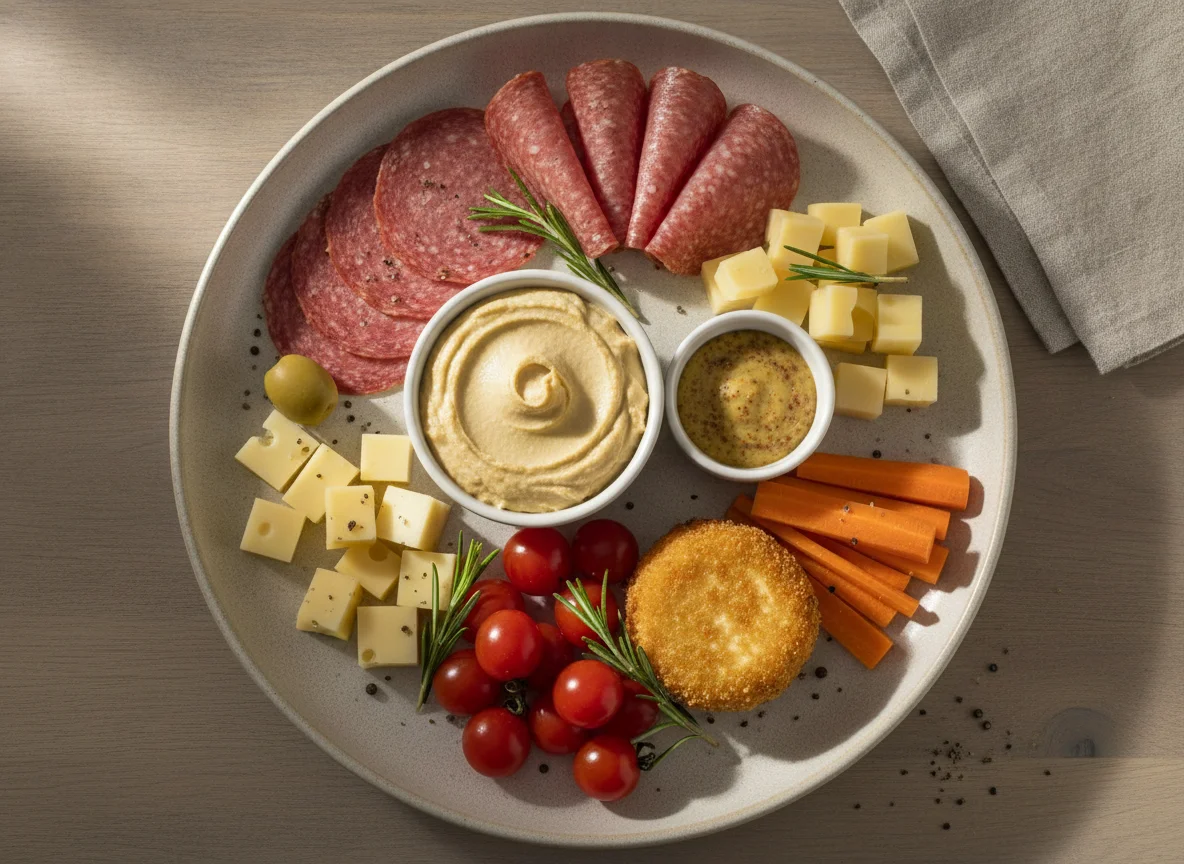 Appetizer Plate with Salami, Cheese, and Vegetables photo
