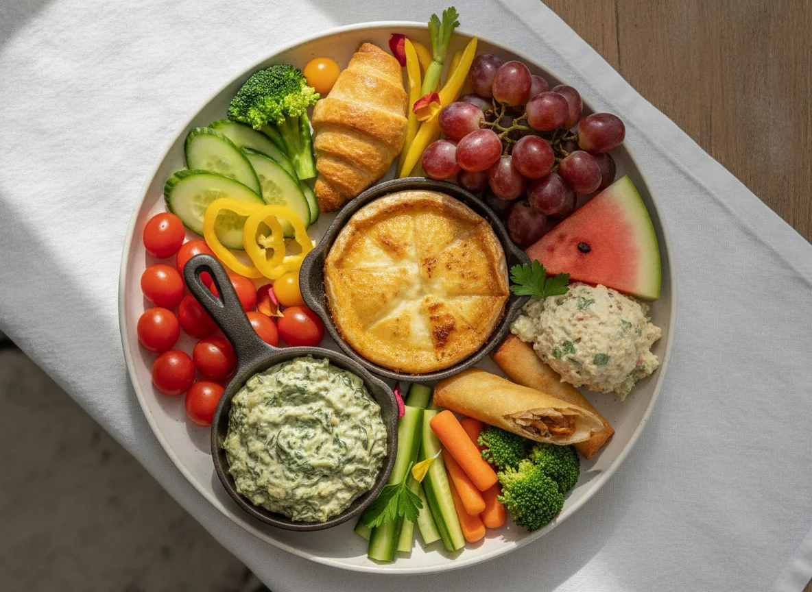 Appetizer Platter with Baked Brie and Spinach Artichoke Dip photo