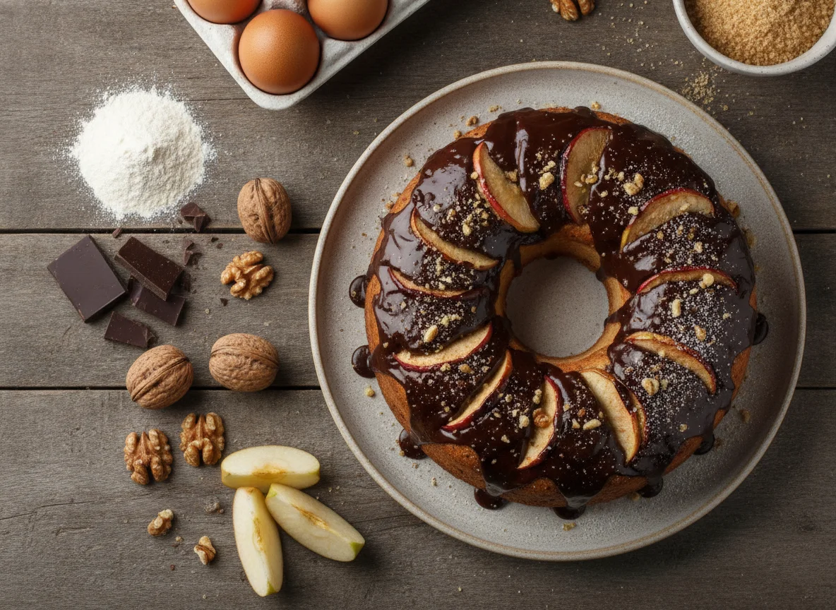 Apple and walnut cake with chocolate glaze photo