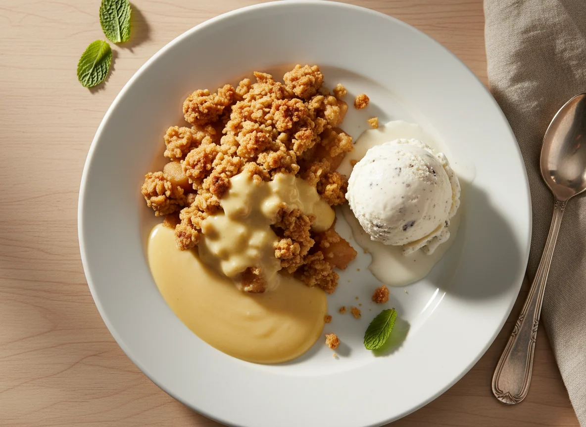 Apple Crumble with Custard and Ice Cream photo