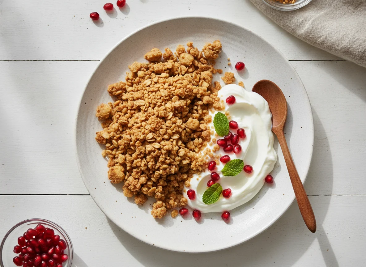 Apple crumble with yogurt and pomegranate seeds photo