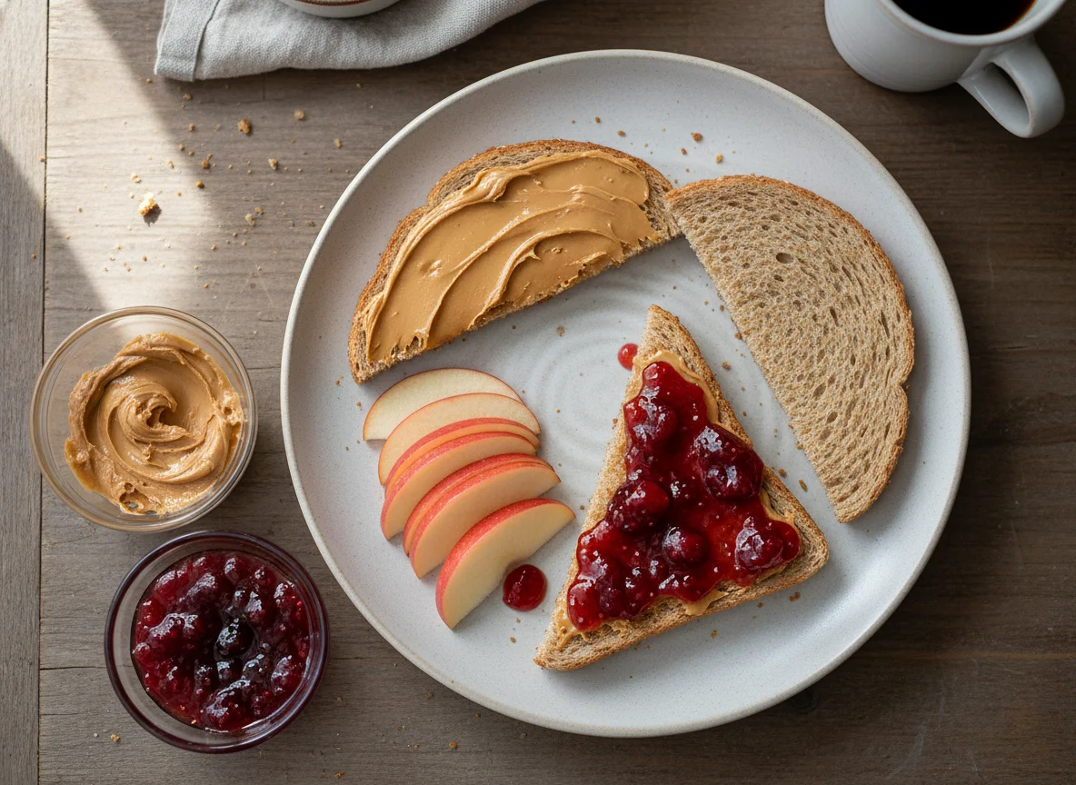Apple slices and toast with spreads photo
