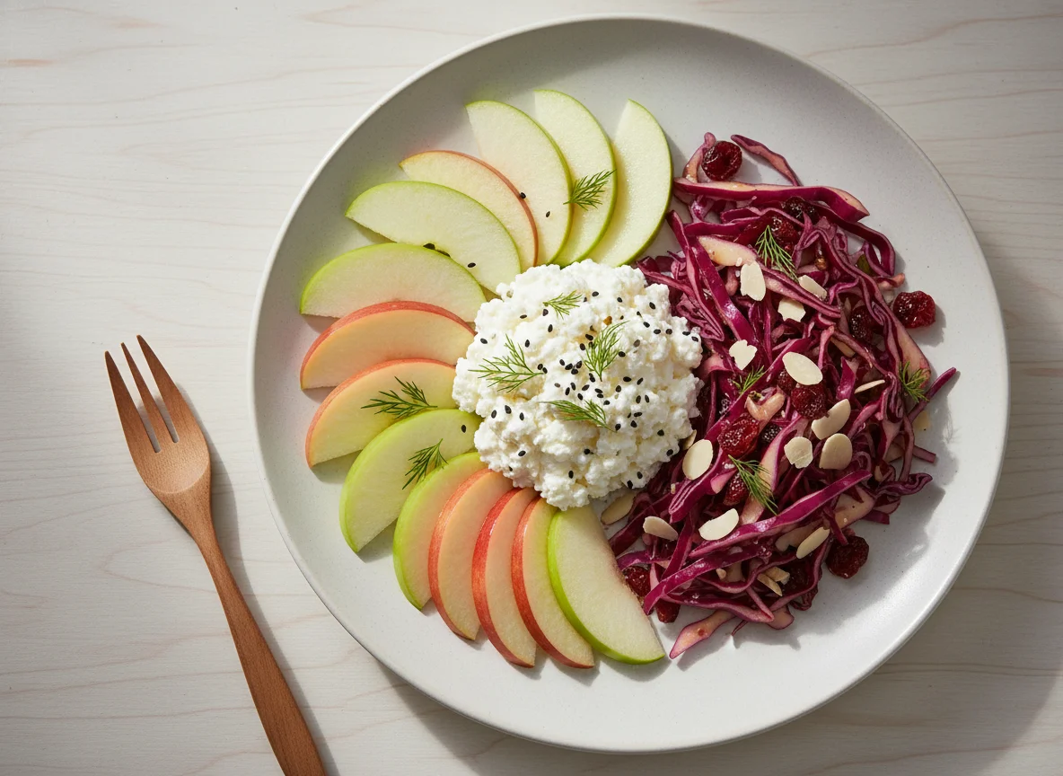 Apple slices, cottage cheese, and red cabbage salad photo
