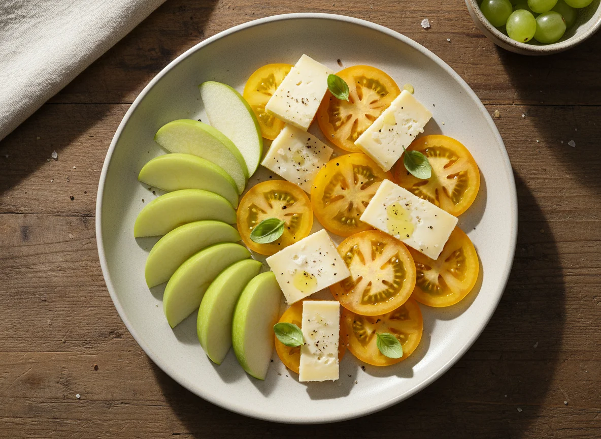 Apple slices, tomato and cheese snack photo