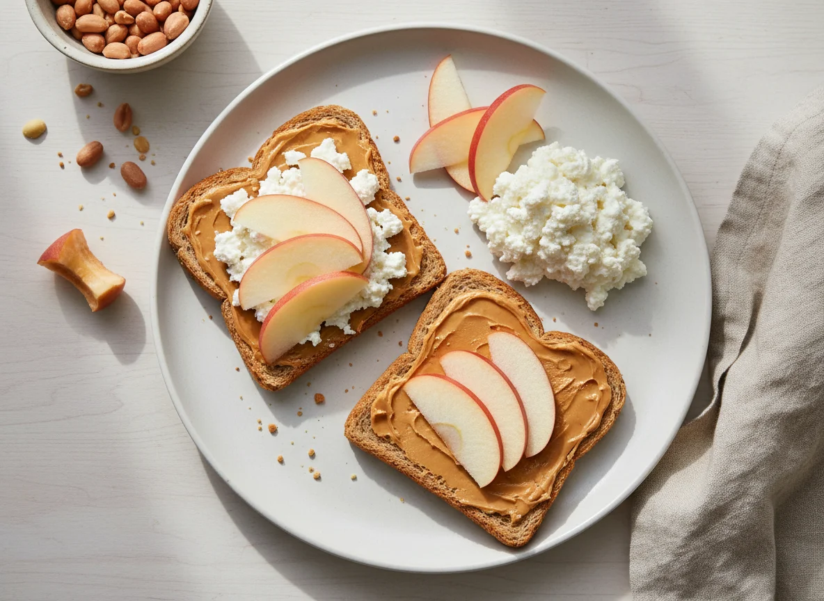Apple slices with cottage cheese and peanut butter toast photo