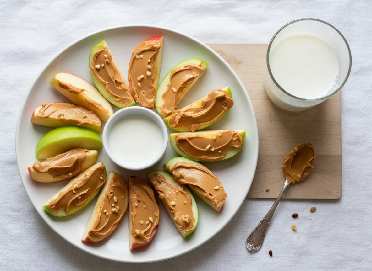 Apple slices with peanut butter and milk photo
