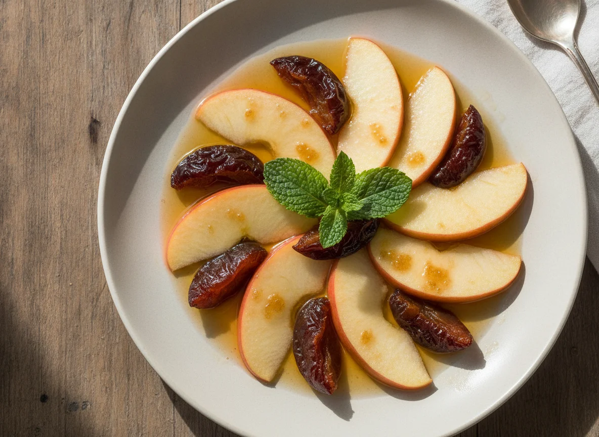 Apple slices with preserved plum and syrup photo