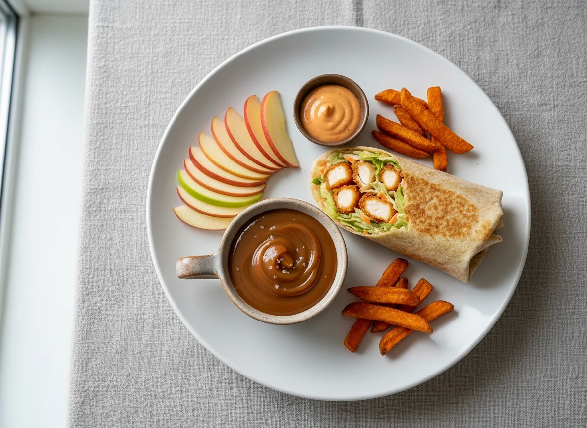 Apple slices with toffee dip and Southern Fried Chicken Wrap photo
